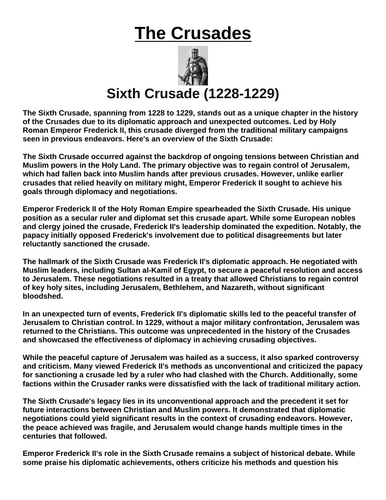 Sixth Crusade (1228-1229) “Article & Questions” Assignment