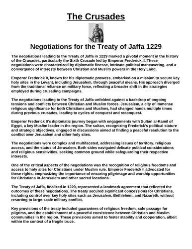Crusades: Negotiations for the Treaty of Jaffa 1229 “Article & Questions” Assignment