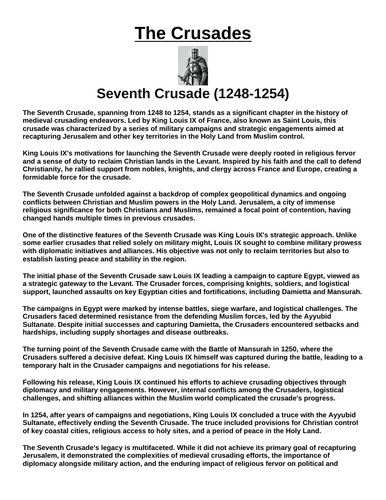 Seventh Crusade (1248-1254) “Article & Questions” Assignment