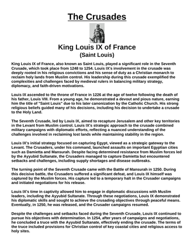 Crusades: King Louis IX of France “Article & Questions” Assignment
