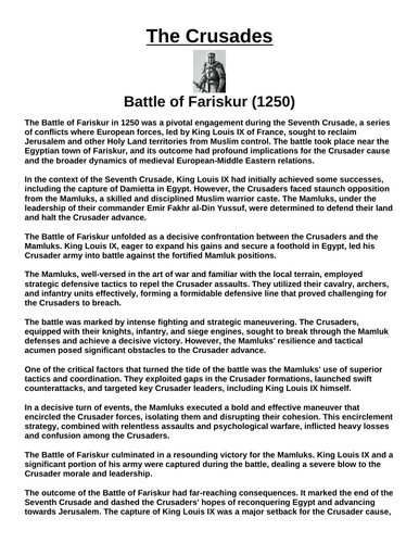 Crusades: Battle of Fariskur (1250) “Article & Questions” Assignment