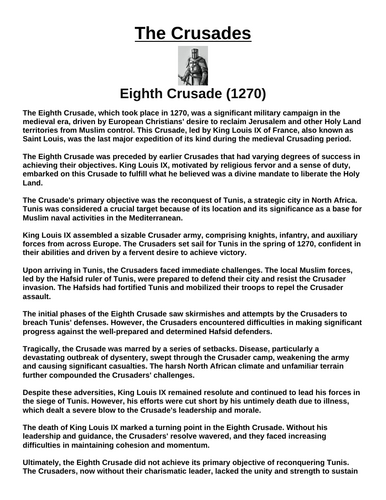 Eighth Crusade (1270) “Article & Questions” Assignment