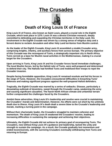 Crusades: Death of King Louis IX of France “Article & Questions” Assignment