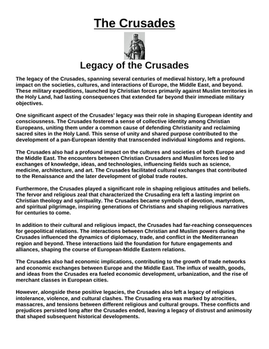 Crusades: Legacy of the Crusades “Article & Questions” Assignment