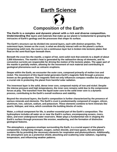 Composition of the Earth “Article & Questions” Assignment