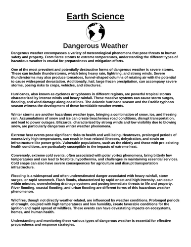 Dangerous Weather “Article & Questions” Assignment