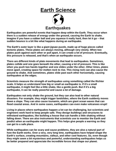 Earthquakes “Article & Questions” Assignment