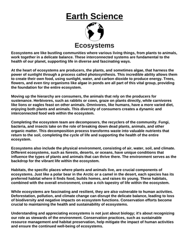 Ecosystems “Article & Questions” Assignment