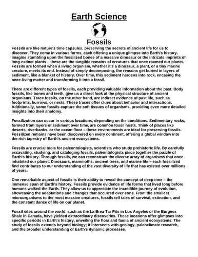 Fossils “Article & Questions” Assignment