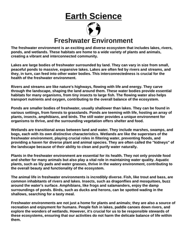 Freshwater Environment “Article & Questions” Assignment