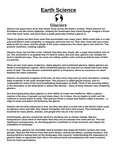 Glaciers “Article & Questions” Assignment