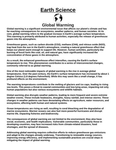 Global Warming “Article & Questions” Assignment