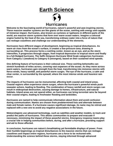 Hurricanes “Article & Questions” Assignment