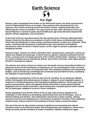 Ice Age “Article & Questions” Assignment