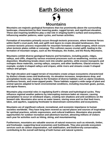 Mountains “Article & Questions” Assignment