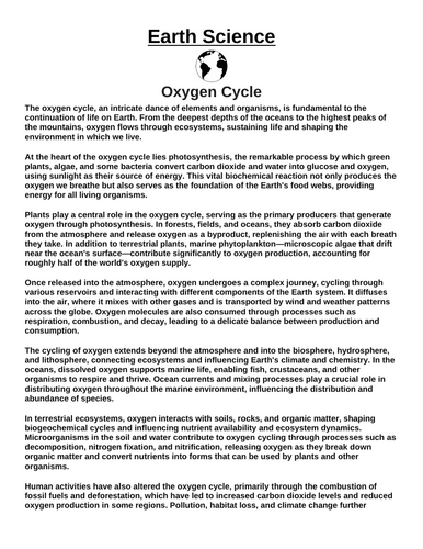 Oxygen Cycle “Article & Questions” Assignment