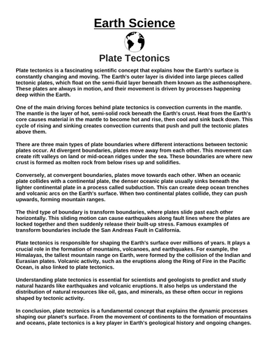Plate Tectonics “Article & Questions” Assignment