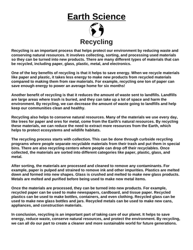 Recycling “Article & Questions” Assignment