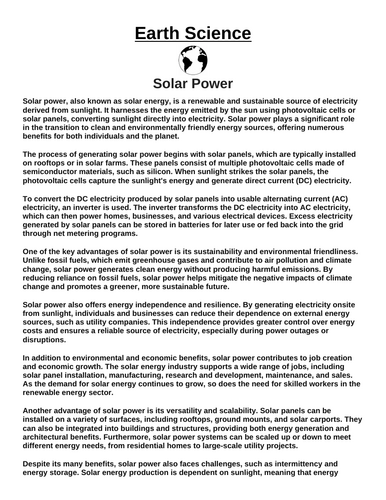 Solar Power “Article & Questions” Assignment