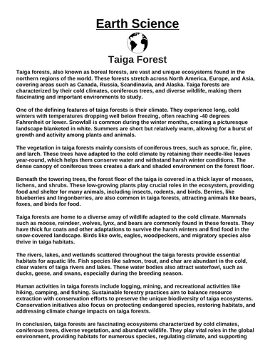 Taiga Forest “Article & Questions” Assignment