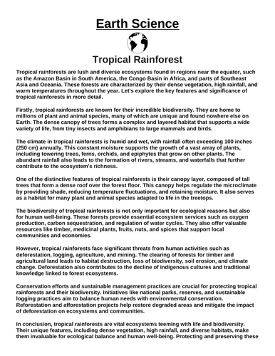 Tropical Rainforest “Article & Questions” Assignment