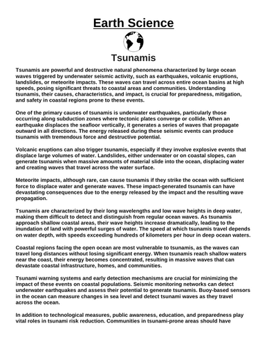 Tsunamis “Article & Questions” Assignment