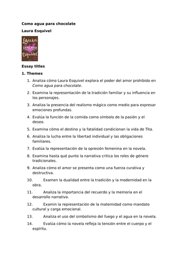 Como agua para chocolate by Laura Esquivel – Essay Titles