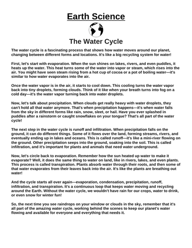 Water Cycle “Article & Questions” Assignment