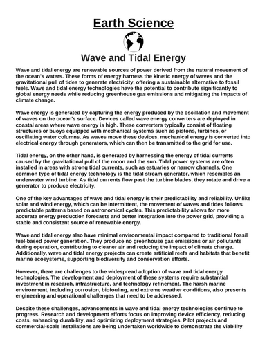 Wave and Tidal Energy “Article & Questions” Assignment