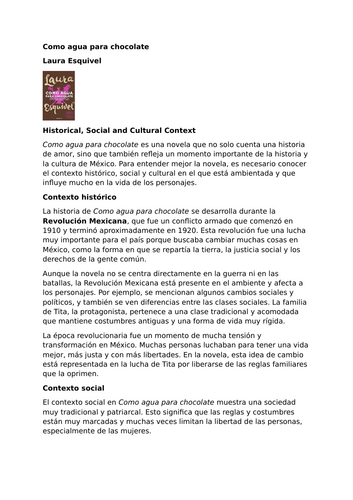 Como agua para chocolate by Laura Esquivel – Historical, Social and Cultural Context