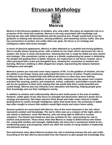 Etruscan God: Menrva “Article & Questions” Assignment