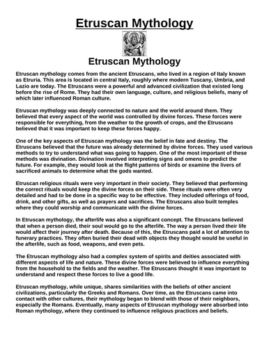 Etruscan Mythology: Overview “Article & Questions” Assignment