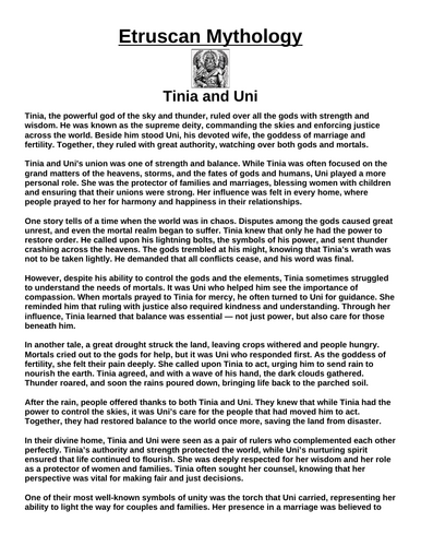 Etruscan Myth: Tinia and Uni “Article & Questions” Assignment
