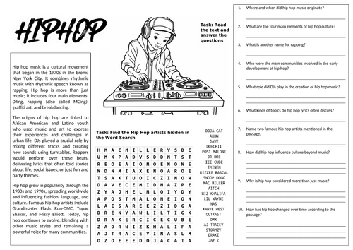 Hip Hop Music Worksheet (Cover Lesson)