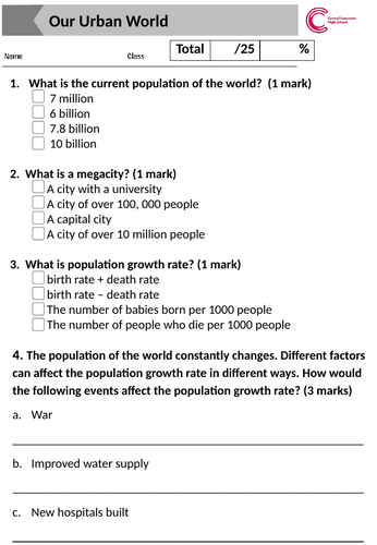 Urban world summative assessment /25 - can be self, peer or teacher marked