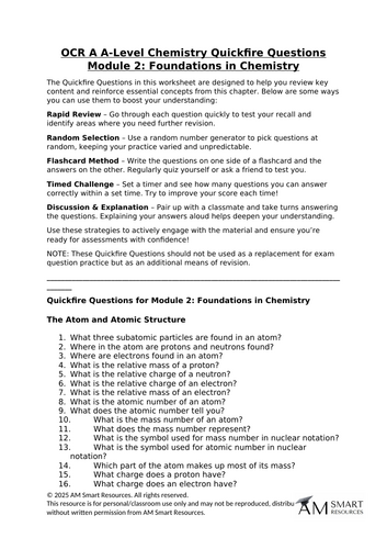 OCR A A-Level Chemistry Quickfire Questions Module 2: Foundations in Chemistry