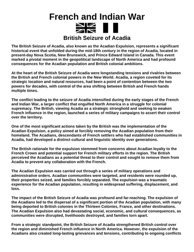 French & Indian War: British Seize Acadia “Article & Questions” Assignment