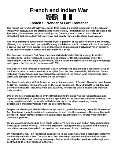 French & Indian War: French Surrender of Fort Frontenac “Article & Questions” Assignment
