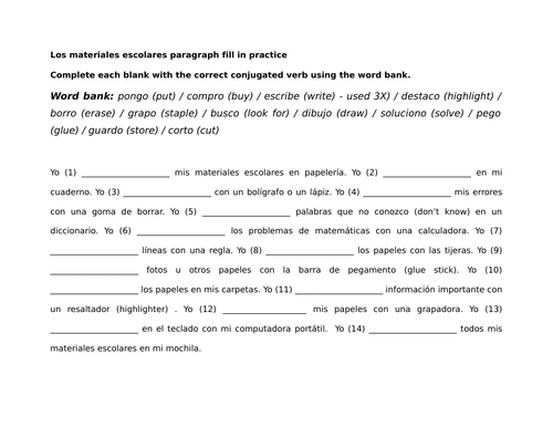 Los materiales escolares paragraph fill in practice