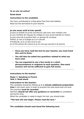 Pearson Edexcel / AQA GCSE French (Higher) - Module 1 - Page 10 - Tu as une vie active? - Read aloud