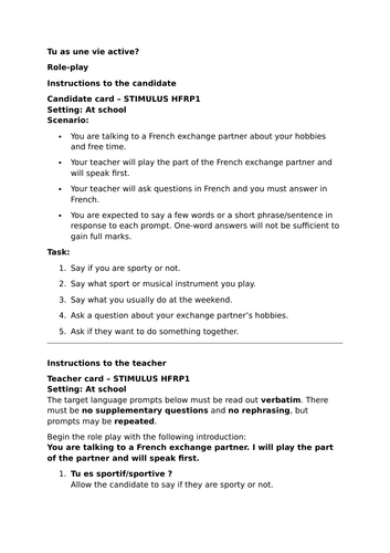 GCSE French (Higher) - Module 1 - Page 10 - Tu as une vie active? - Role play