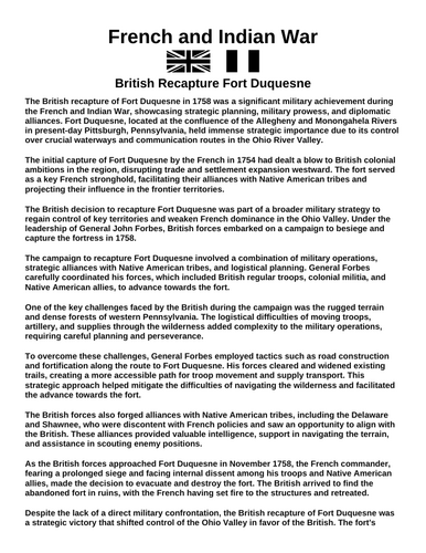 French & Indian War: British Recapture Fort Duquesne “Article & Questions” Assignment