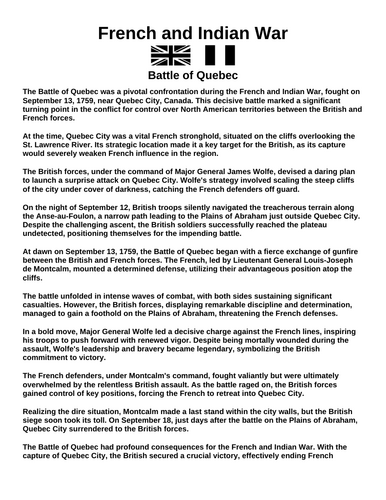 French & Indian War: Battle of Quebec “Article & Questions” Assignment