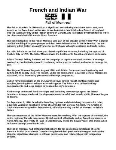 French & Indian War: Fall of Montreal “Article & Questions” Assignment