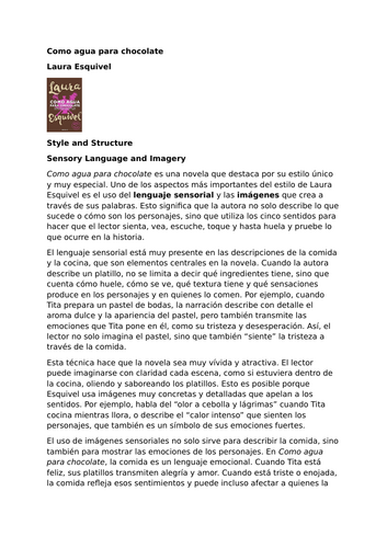 Como agua para chocolate by Laura Esquivel – Style and Structure – Sensory Language and Imagery