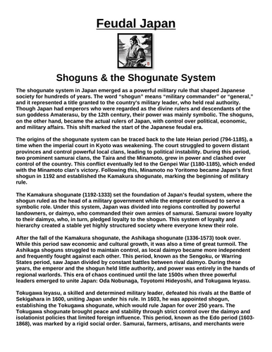Feudal Japan: Shoguns and the Shogunate System “Article & Questions” Assignment