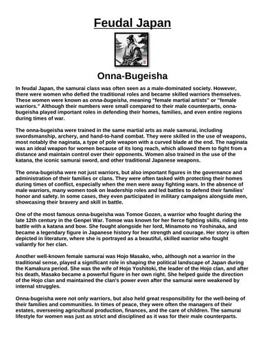Feudal Japan: Women Samurai Warriors (Onna-Bugeisha) “Article & Questions” Assignment
