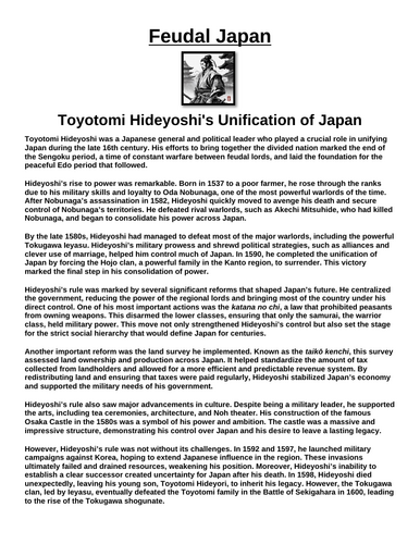 Feudal Japan: Toyotomi Hideyoshi's Unification of Japan “Article & Questions” Assignment