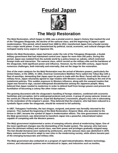 Feudal Japan: The Meiji Restoration “Article & Questions” Assignment
