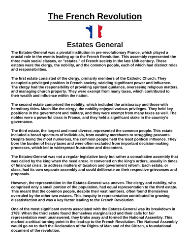 French Revolution: Estates General “Article & Questions” Assignment